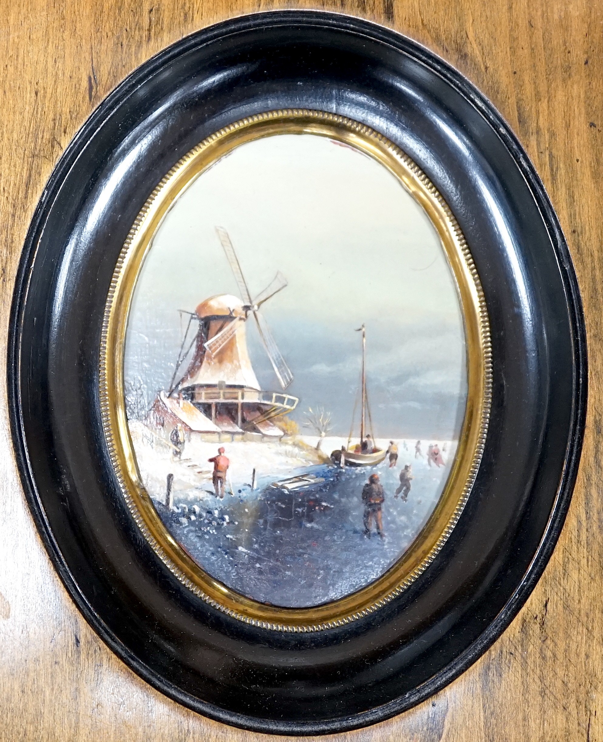 John Muirhead (1863-1927) and Others, watercolour, 'Hemingford, Abbots', signed, 16 x 25cm, R.Coleman, oil on board, Ploughing scene, two engraved maps and a small Dutch style oil winter scene